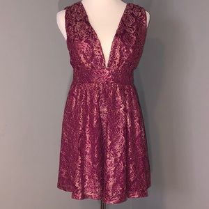 Lulu’s Tawny Metallic Magenta Skater Dress NWT